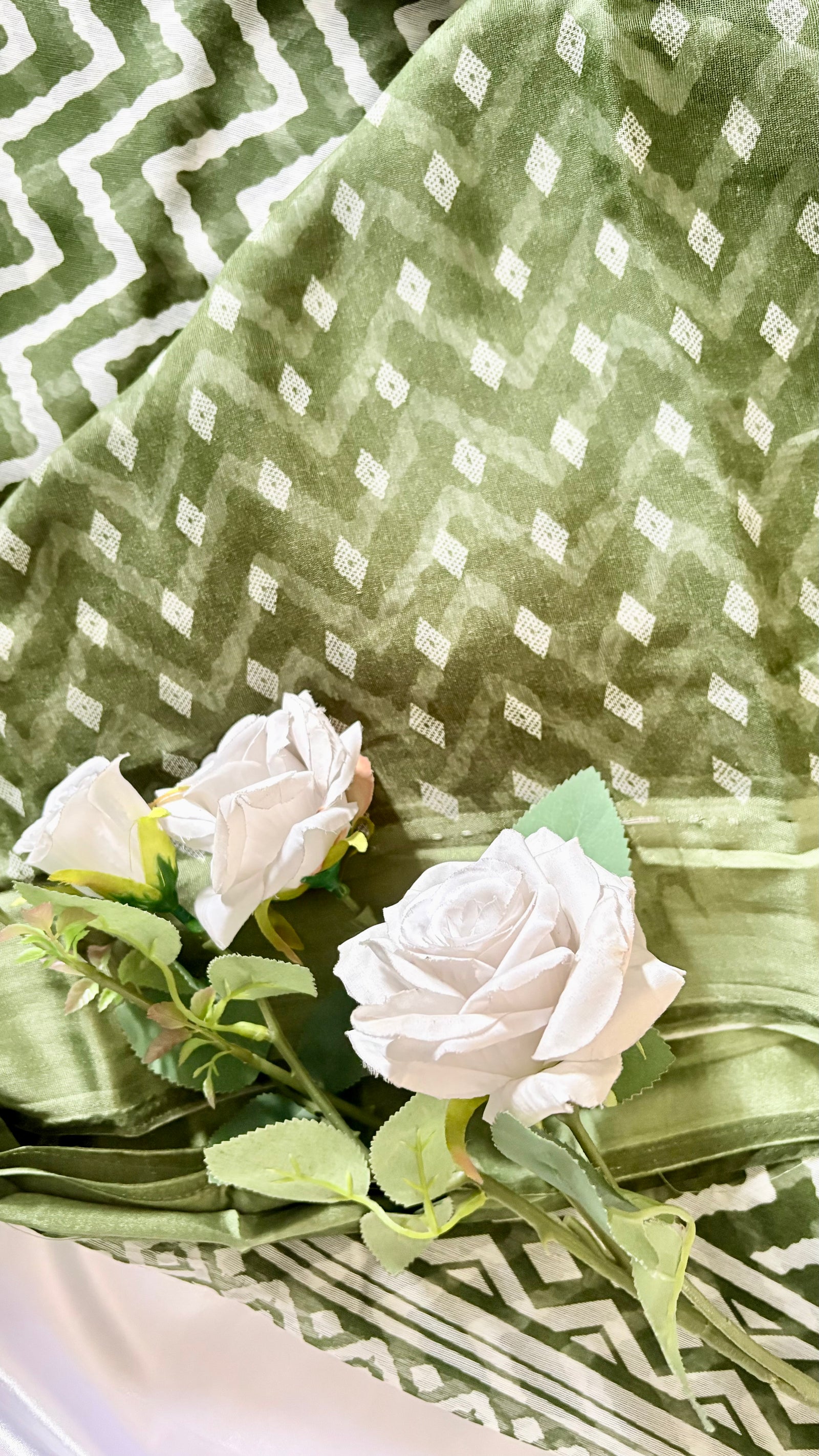 Olive Green Silk Saree - Geometric Zig-Zag chevron pattern with a solid matching olive green border  (Saree Code - S76)
