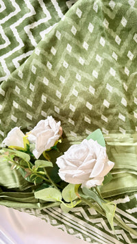 Olive Green Silk Saree - Geometric Zig-Zag chevron pattern with a solid matching olive green border  (Saree Code - S76)