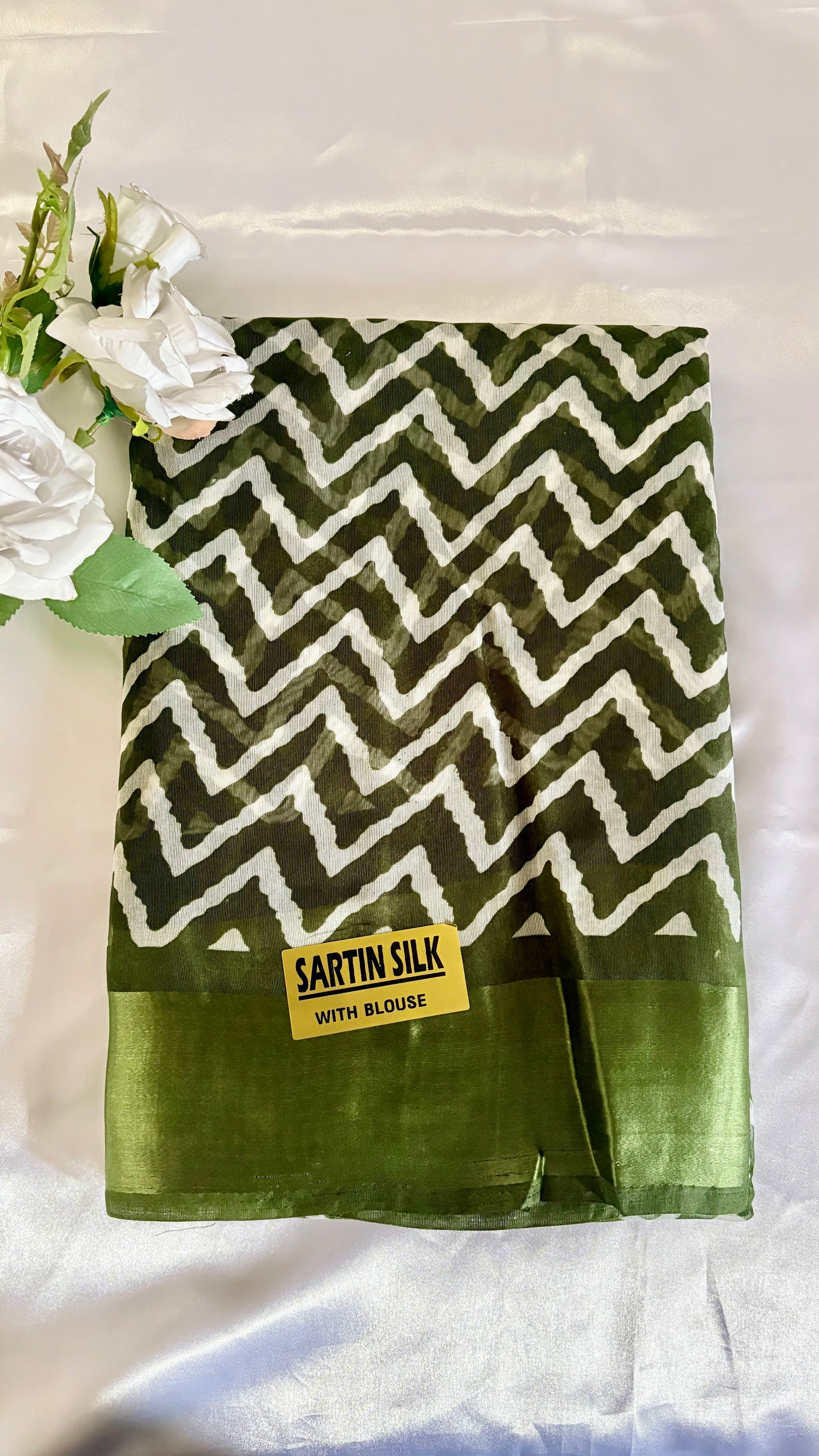 Olive Green Silk Saree - Geometric Zig-Zag chevron pattern with a solid matching olive green border  (Saree Code - S76)