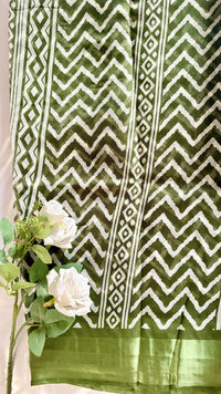 Olive Green Silk Saree - Geometric Zig-Zag chevron pattern with a solid matching olive green border  (Saree Code - S76)