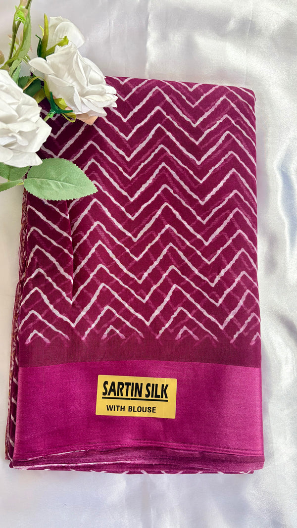 White Geometric zig-zag chevron print pattern with rich purple fabric and complemented with a solid matching border  (Saree Code - S79)