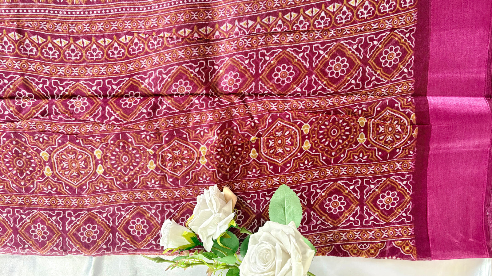 White Geometric zig-zag chevron print pattern with rich purple fabric and complemented with a solid matching border  (Saree Code - S79)