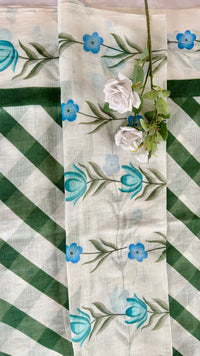 Lenin Saree featuring a floran vine block print and green diagnoal checkered panels  (Saree Code - S80)