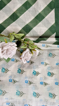 Lenin Saree featuring a floran vine block print and green diagnoal checkered panels  (Saree Code - S80)