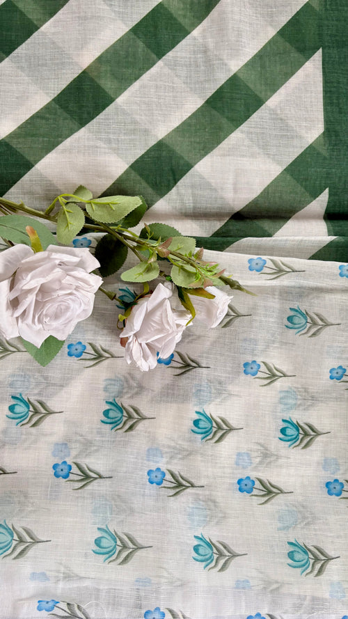 Lenin Saree featuring a floran vine block print and green diagnoal checkered panels  (Saree Code - S80)