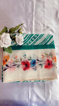Off-white and green chanderi cotton silk saree featuring a delictae watercolor-style floral stripe across the body and a stripped green border ( (Saree Code - S81)