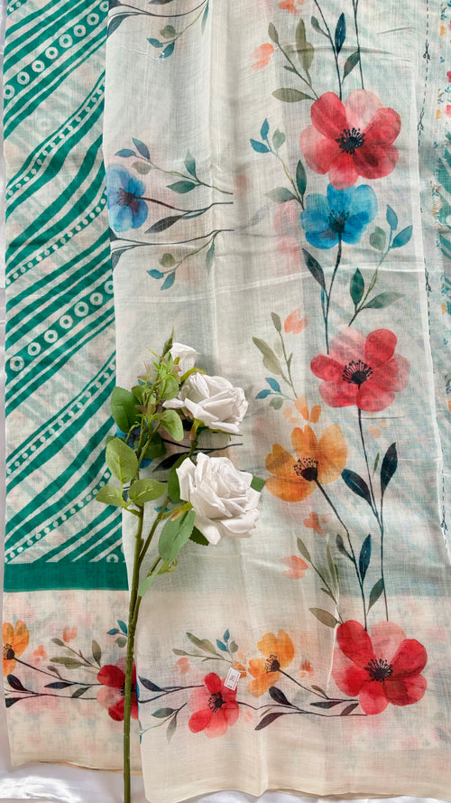 Off-white and green chanderi cotton silk saree featuring a delictae watercolor-style floral stripe across the body and a stripped green border ( (Saree Code - S81)