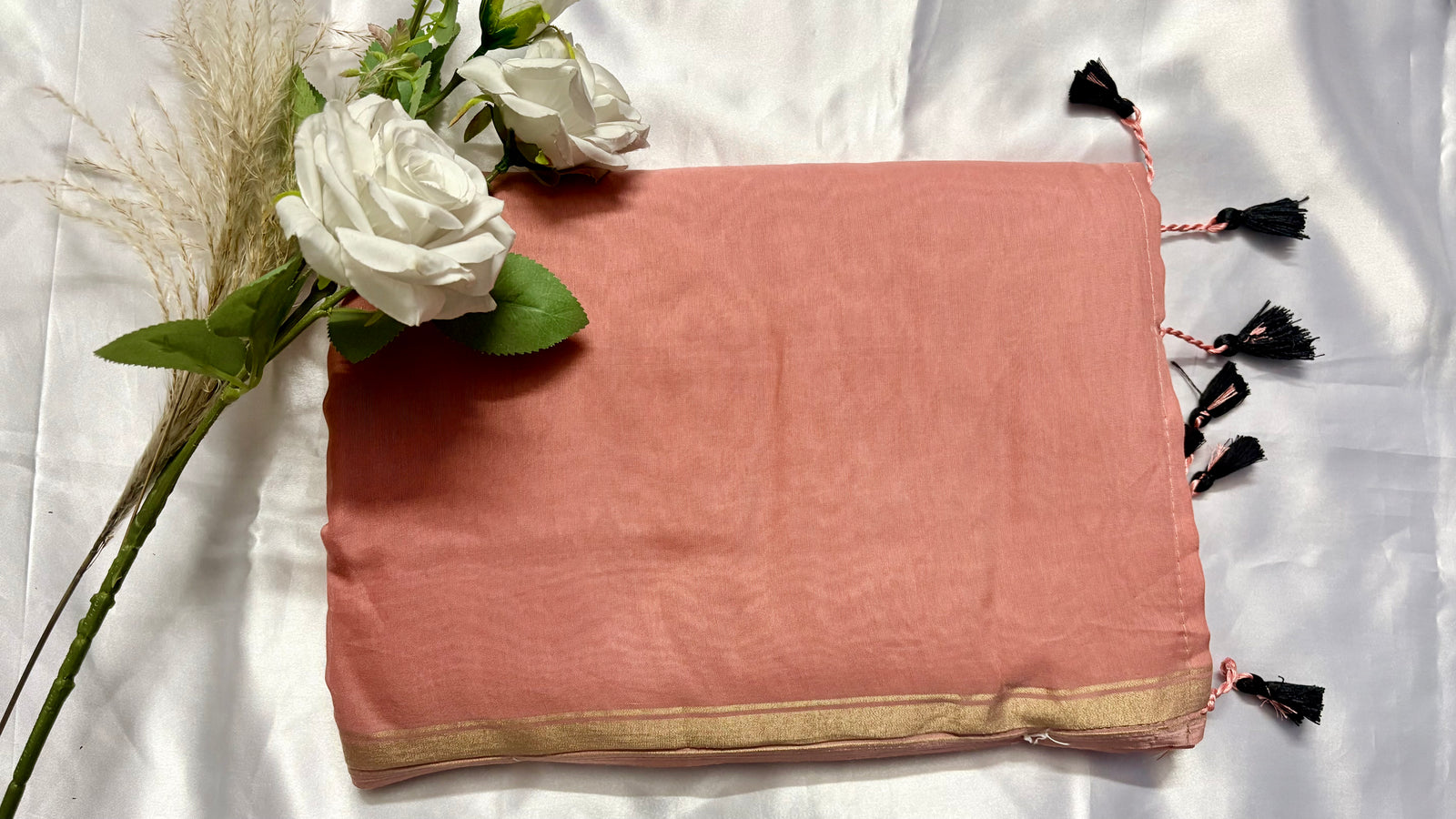 Rose-Gold plain handloom silk cotton fabric Saree delicate golden zari details  (Saree Code - S90)