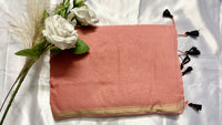 Rose-Gold plain handloom silk cotton fabric Saree delicate golden zari details  (Saree Code - S90)