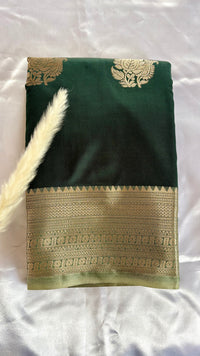 Teal Green Kanchipuram-inspried semi-pattu silk saree, featuring intricate all-over floral leaf zari motifs and a contract metallic tissue border  (Saree Code - S97)