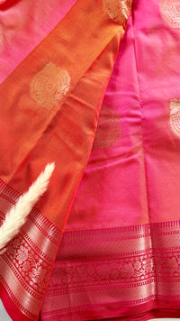 Orange Kanchipuram soft silk saree adorned with traditional gold zari bootis and pink border  (Saree Code - S99)